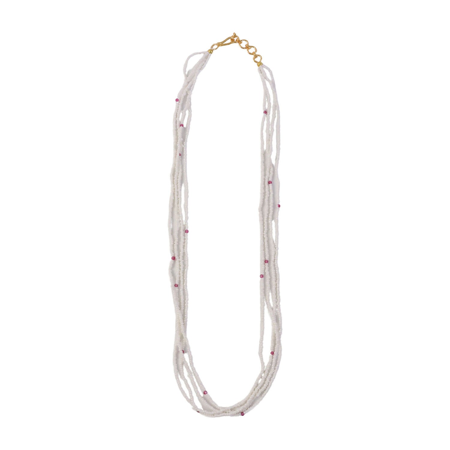 Side view of elegant pearl mala necklace with pink accents highlighting craftsmanship