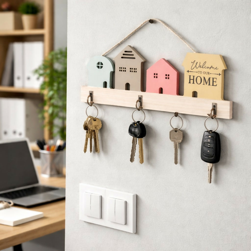 Wooden House Design Key Holder Wall Mount with 3 Hooks