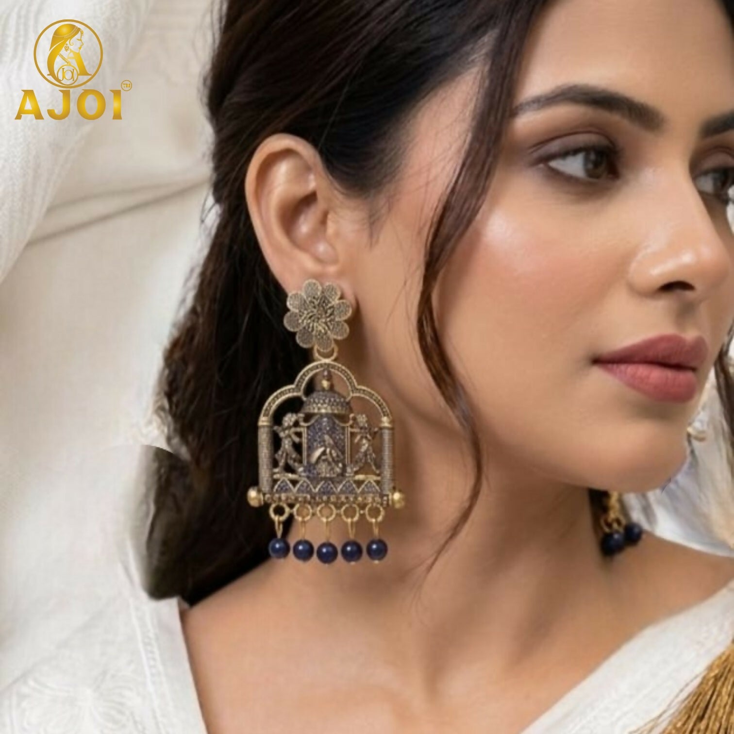 Traditional Radha Krishna Temple Earrings with Blue Beads - 2 Pairs