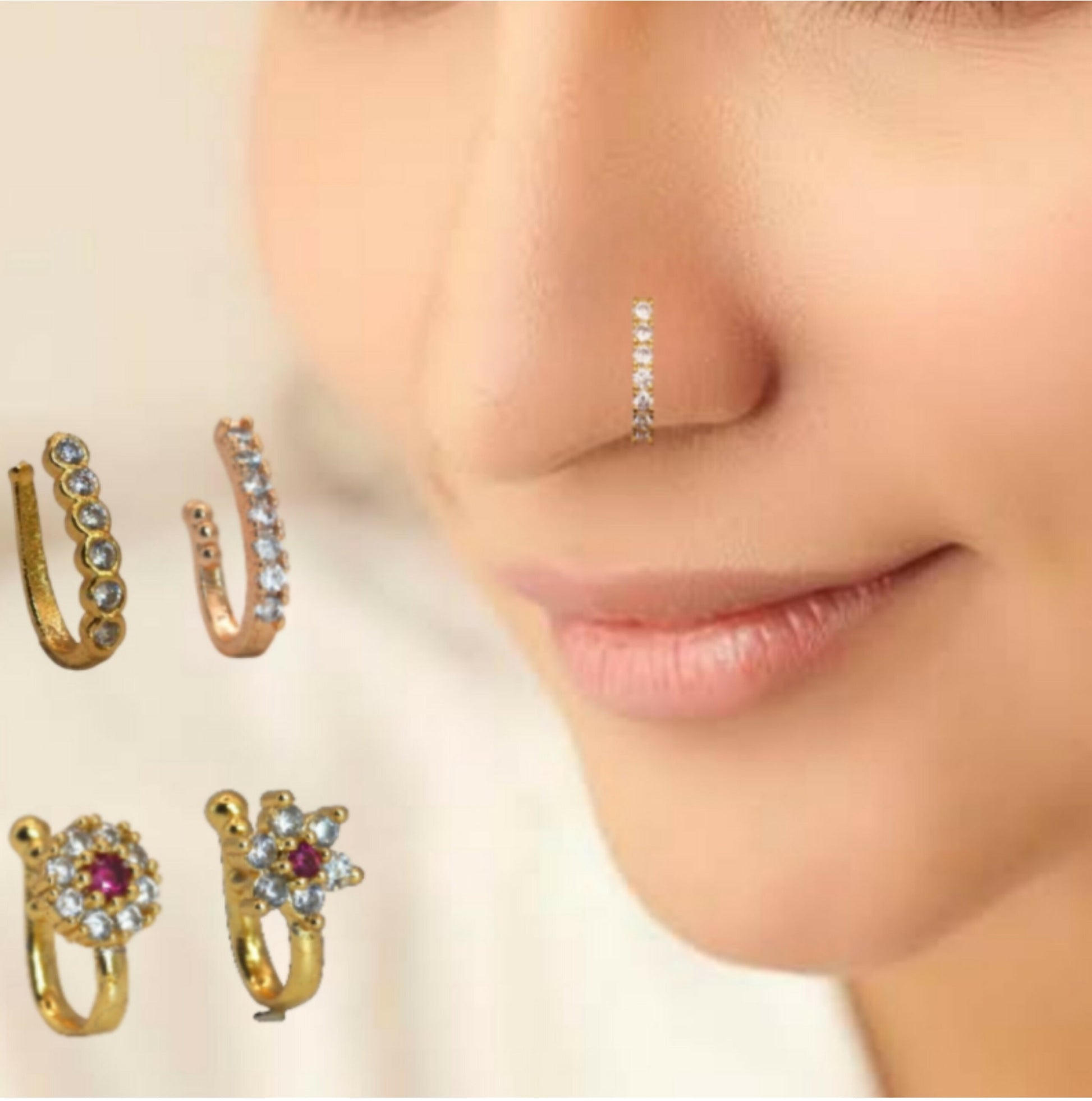 CZ Flower & Line Non-Piercing Nose Ring/Nath Combo Set Combo Pack of 4