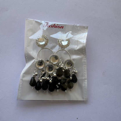 Beautiful lighting reflecting off the Kundan mirror accents on black pearl Chandbali earrings.
