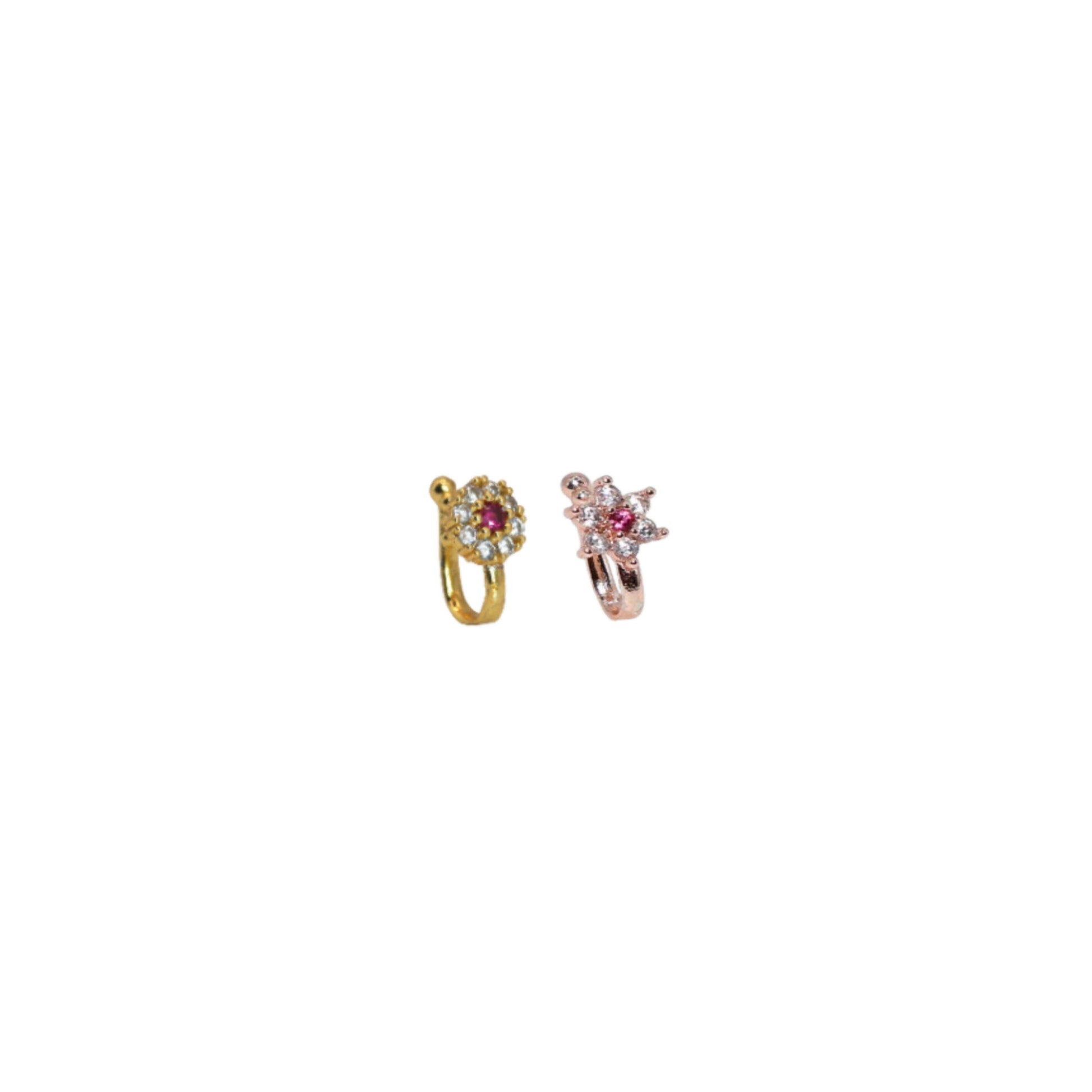 2 Pcs Non-Piercing CZ Nose Clip Set - Flower & Pave Hoop