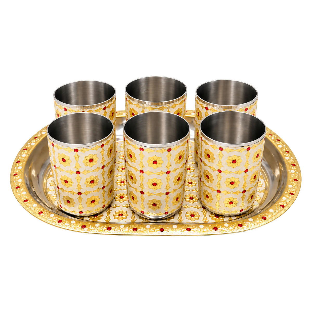 Six stainless steel glasses with a yellow and red floral design on a matching oval tray, against a white background.