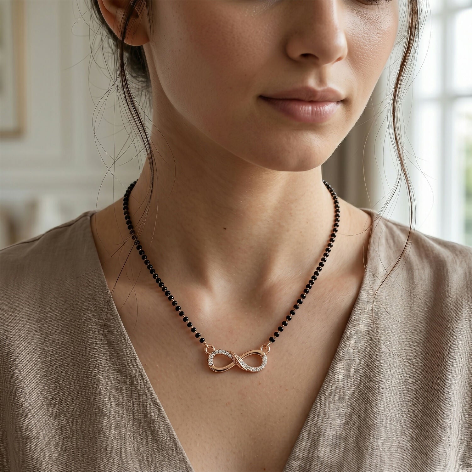 Rose Gold Finish Infinity Symbol CZ Pendant Single Strand Mangalsutra