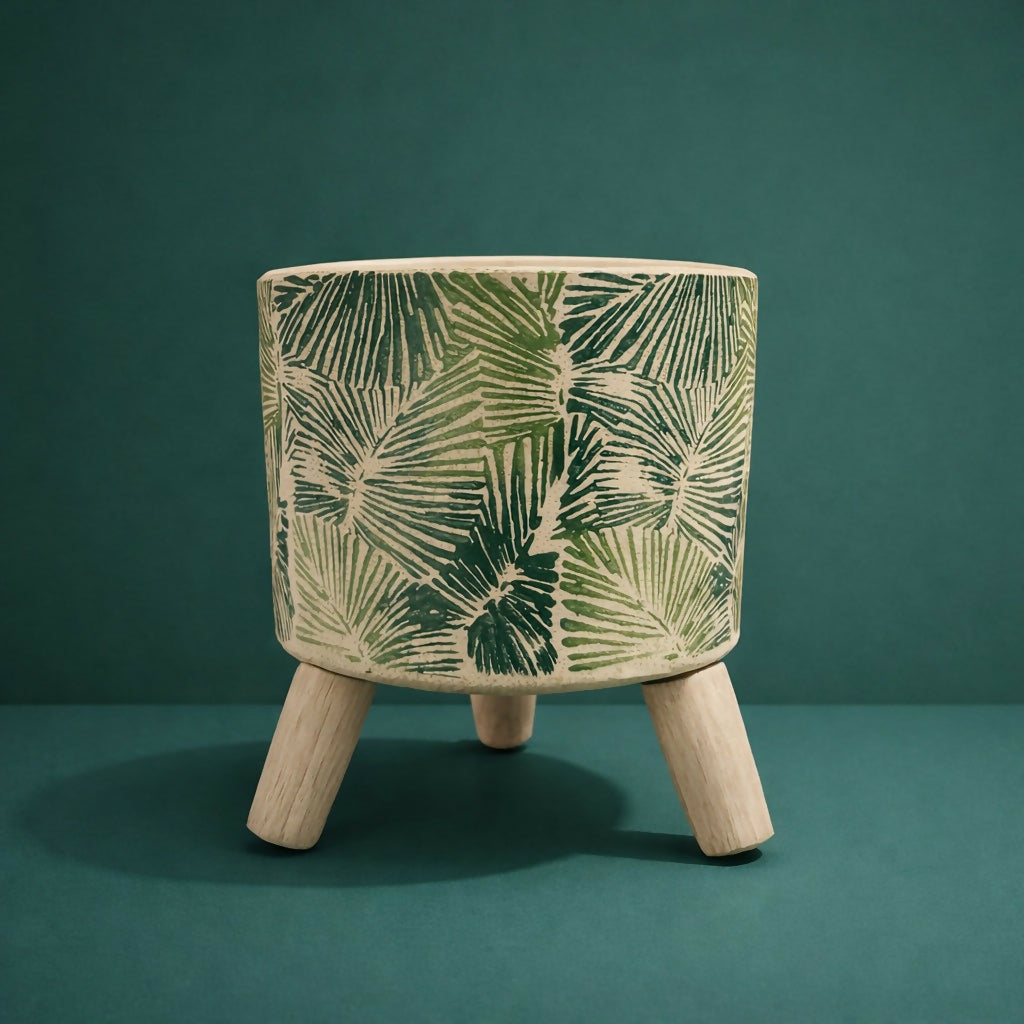 Ceramic Planter Pot with Wooden Stand Decorative Plant Holder