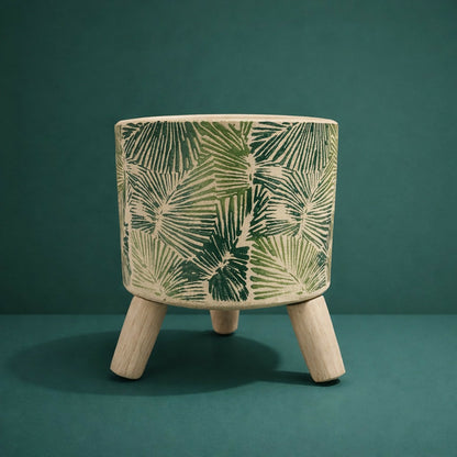 Ceramic Planter Pot with Wooden Stand Decorative Plant Holder