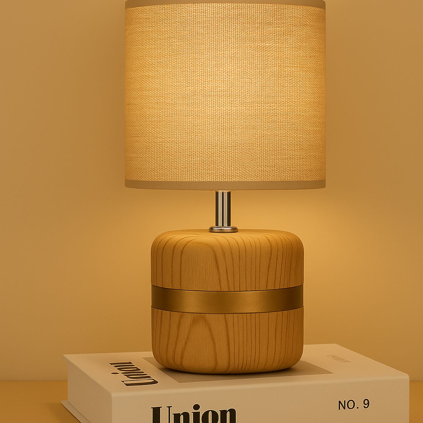 Modern Wooden Base Table Lamp with Warm Fabric Shade | Minimalist Bedside & Living Room Night Lamp | Golden Accent Decorative Lighting