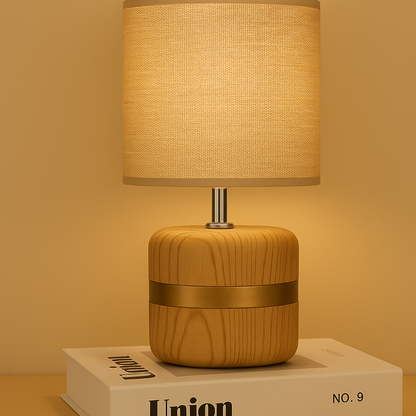 Modern Wooden Base Table Lamp with Warm Fabric Shade | Minimalist Bedside & Living Room Night Lamp | Golden Accent Decorative Lighting