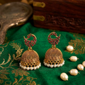 Elegant Peacock-Inspired Gold Jhumka Earrings with Red Green Stones & Pearl Drops