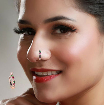 Set of two non-pierced nosepins featuring triple heart and multicolor gemstone designs