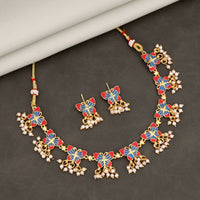 Vibrant Red & Blue Enamel Butterfly Choker Set with Pearl Drops