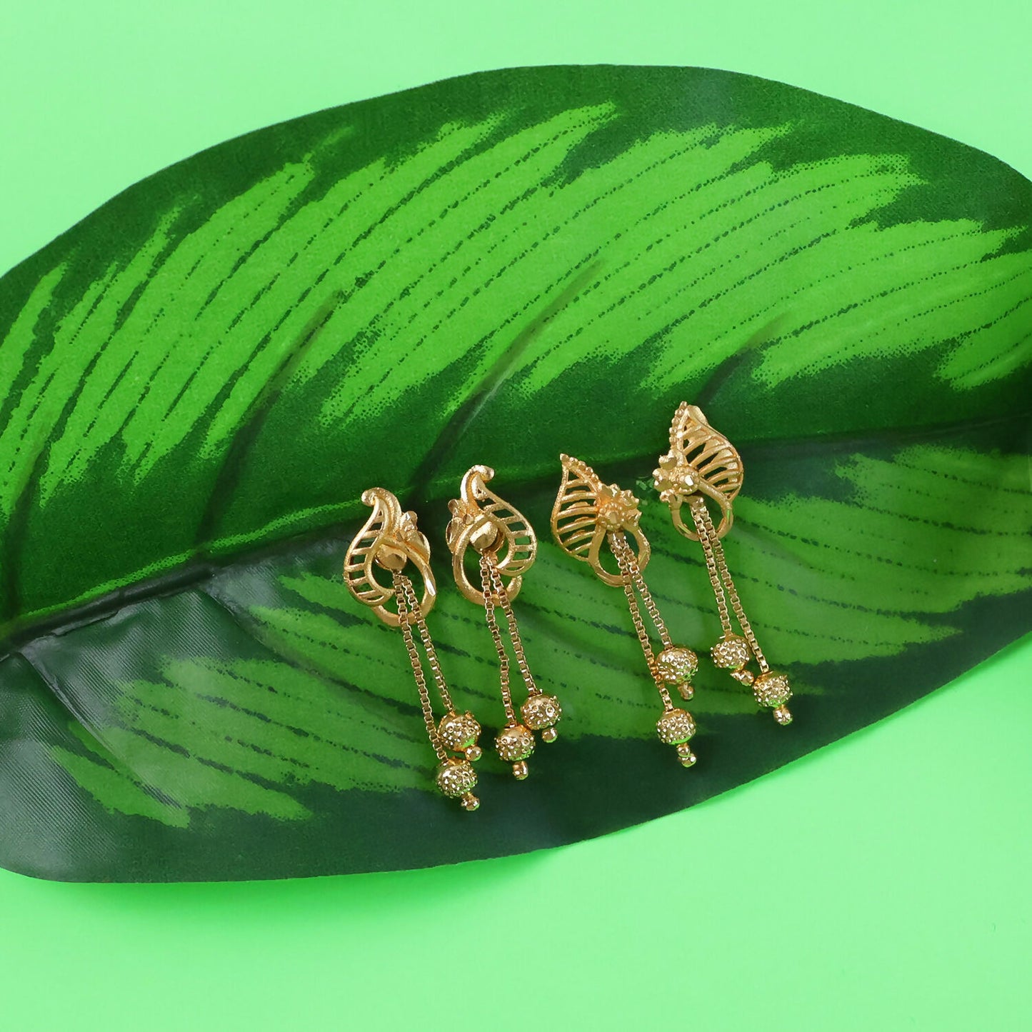 Luxury Inspired Gold Tone Designer Earrings Combo Set with Leaf and Swirl Drops (2 Pair)