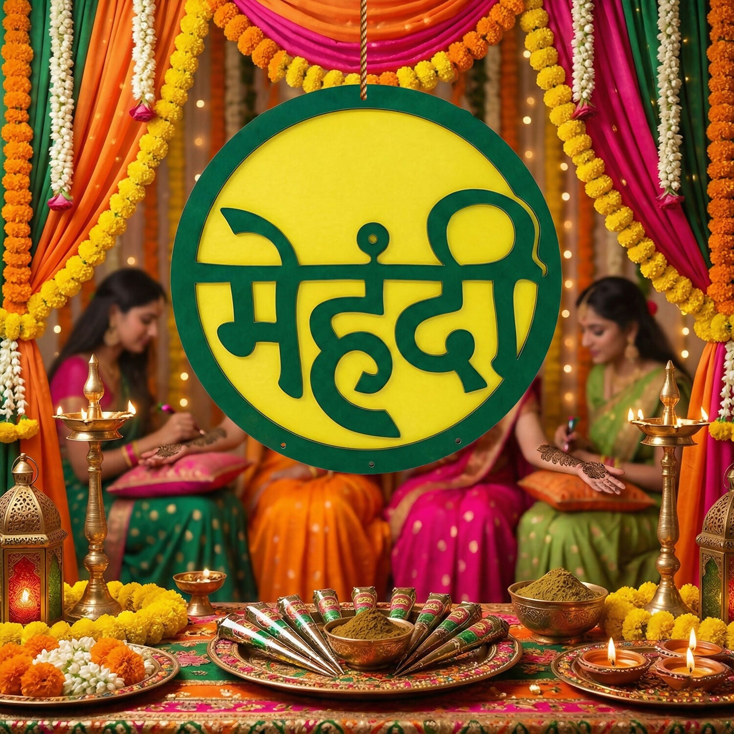 Mehendi Ceremony Decor | Green & Yellow Hindi Wall Hanging