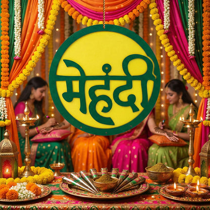 Mehendi Ceremony Decor | Green & Yellow Hindi Wall Hanging