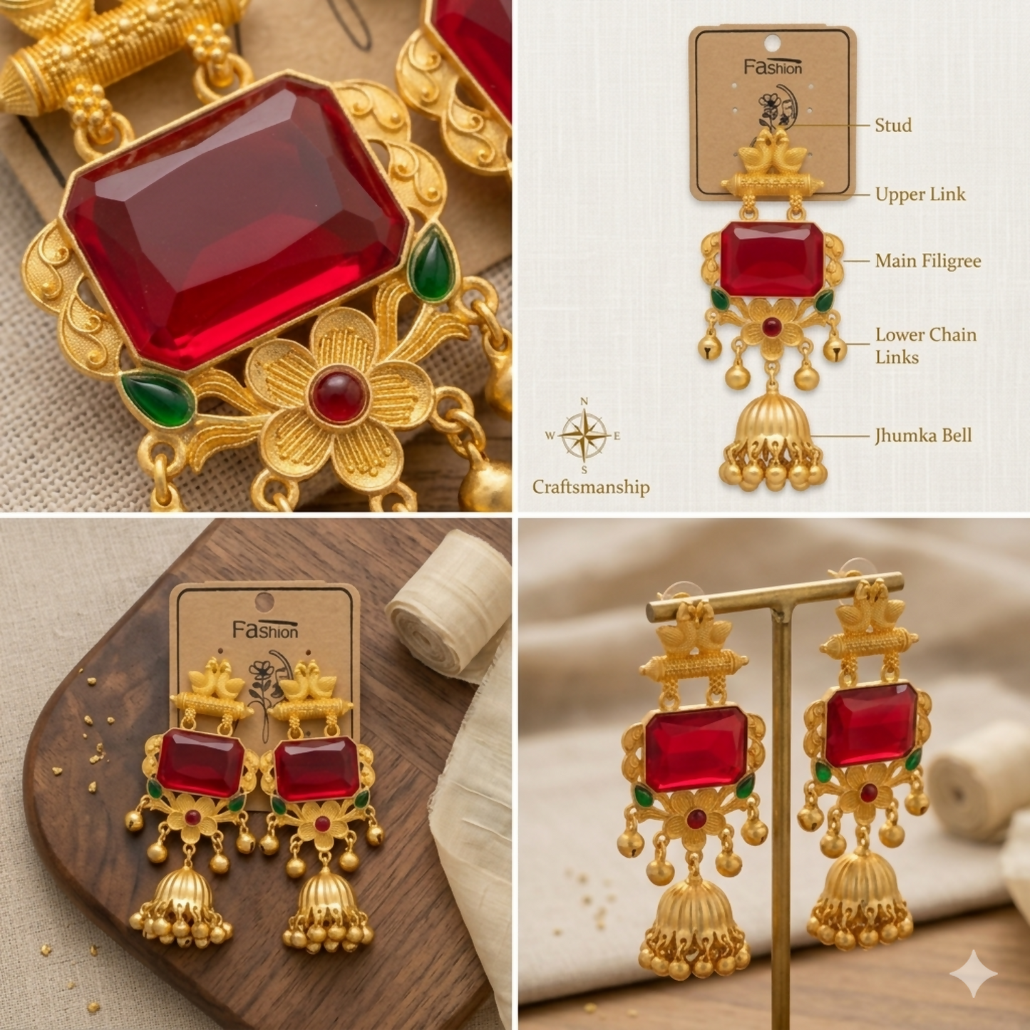 Royal Kashmiri Gold Peacock Jhumka Earrings with Ruby Red Stone & Floral Detailing
