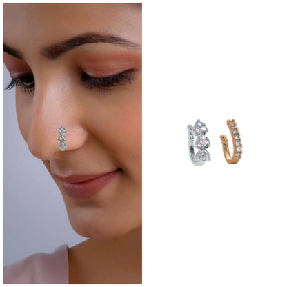 Silver-plated non-pierced cubic zirconia nose ring clip with triple stone cluster design