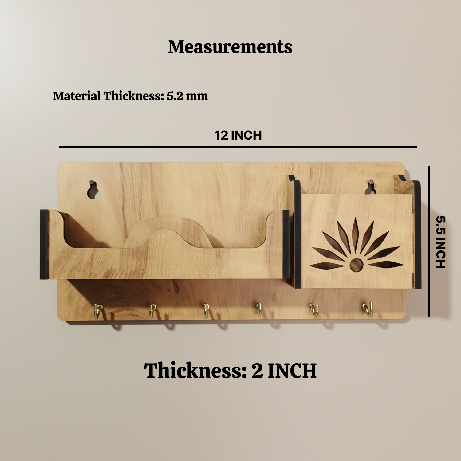 Wooden Wall Mounted Key Holder with Shelf for Mobile, Glasses and Keys