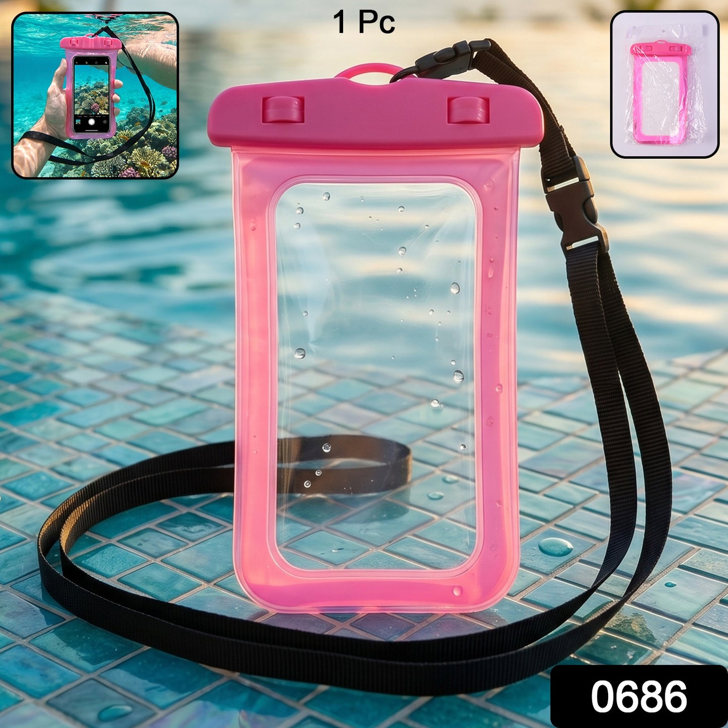 Pink waterproof mobile pouch showing SKU label