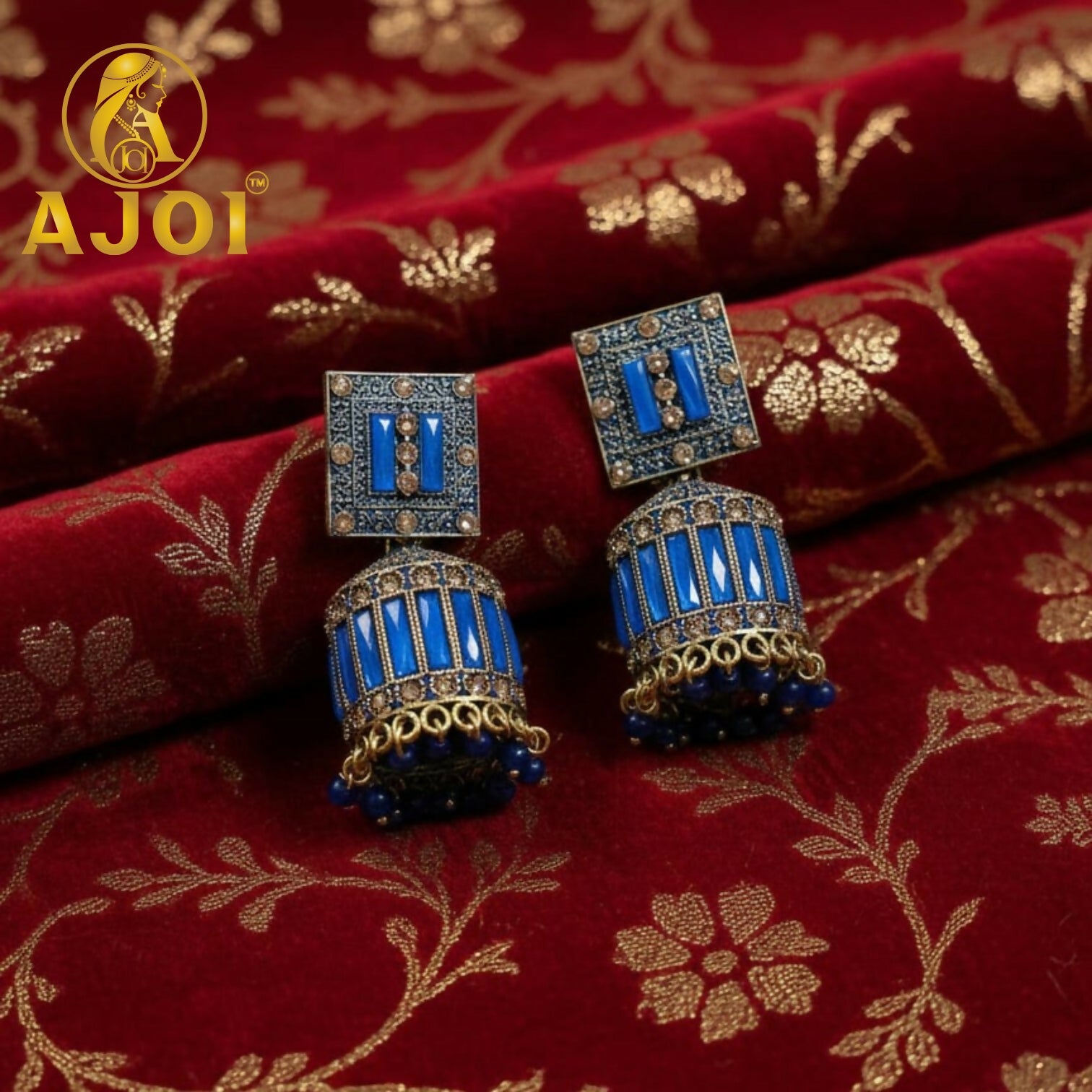Royal Sapphire Blue Designer Earrings with Elegant Drop and Stone Detailing