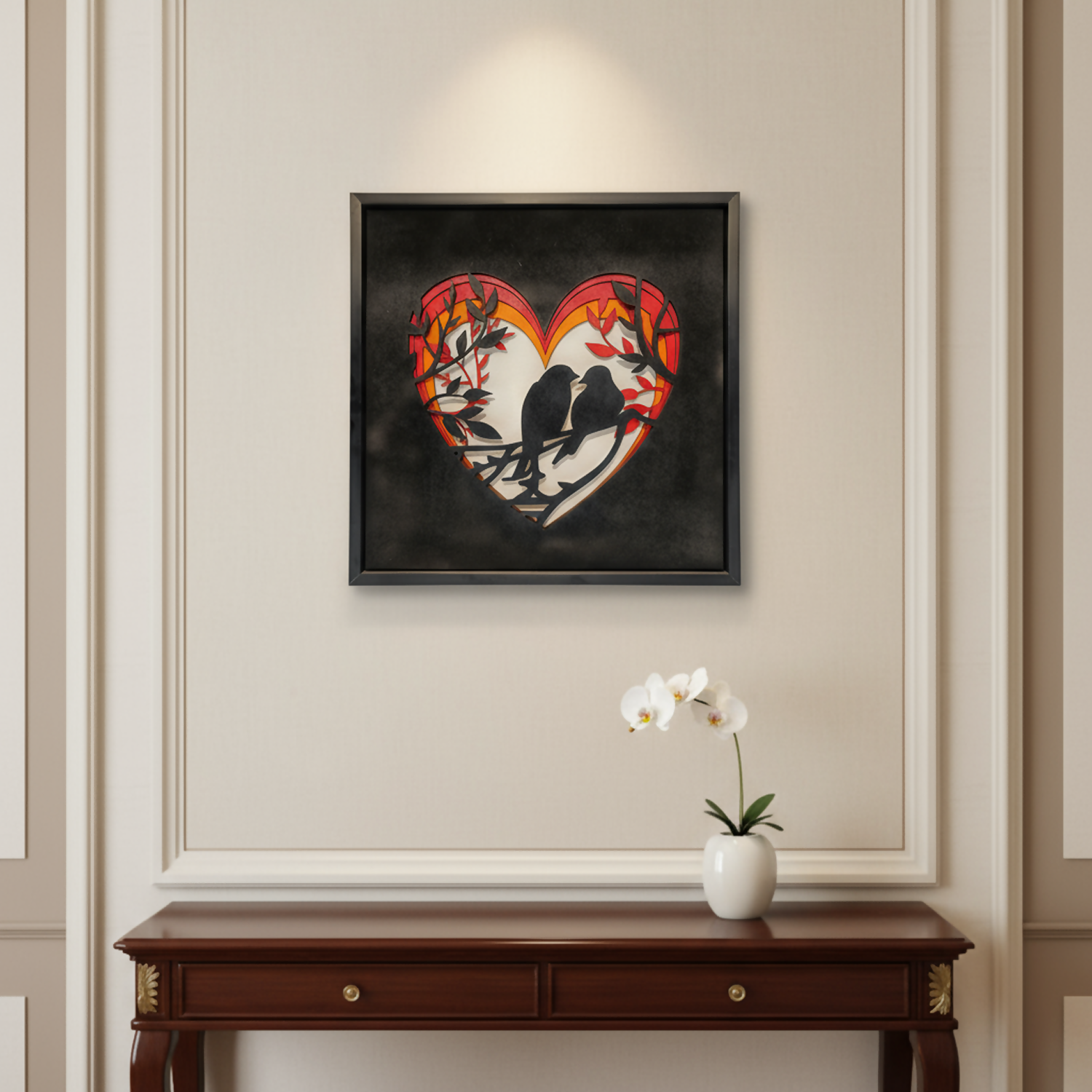 Handcrafted Multi-Layer Wooden Heart & Bird Wall Art – 3D Love & Freedom Design | Romantic Home Decor Frame | Handmade Wooden Wall Hanging for Bedroom & Living Room