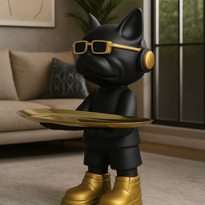 Luxury Black & Gold Bulldog Butler Figurine with Tray – Modern Resin Dog Showpiece with Sunglasses & Headphones – Stylish Decorative Tray Stand for Keys, Coins & Snacks – Funky Home & Office Décor Gift Item