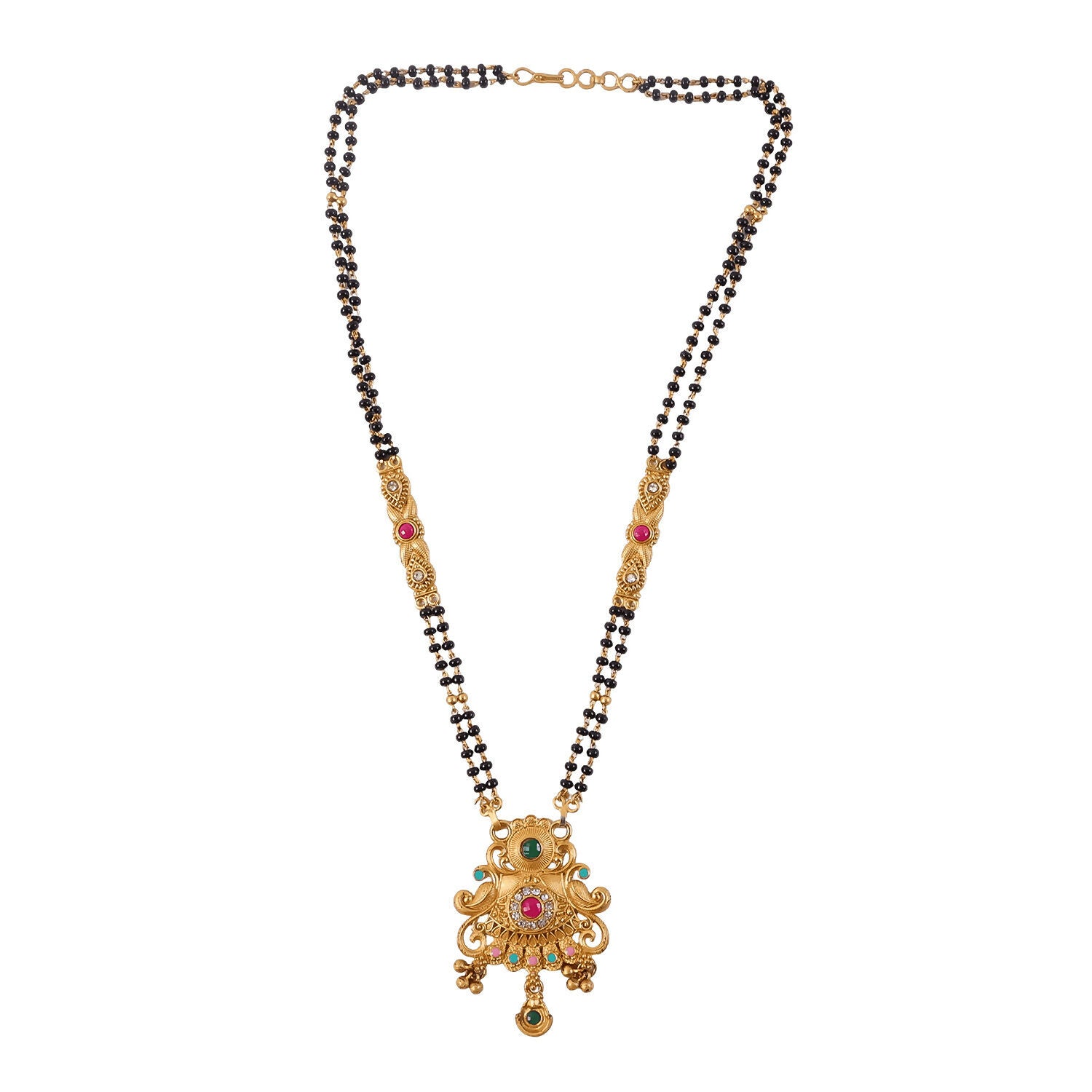 Antique Finish Sunburst Filigree Pendant with Rainbow Bead Cascade Double Strand Mangalsutra