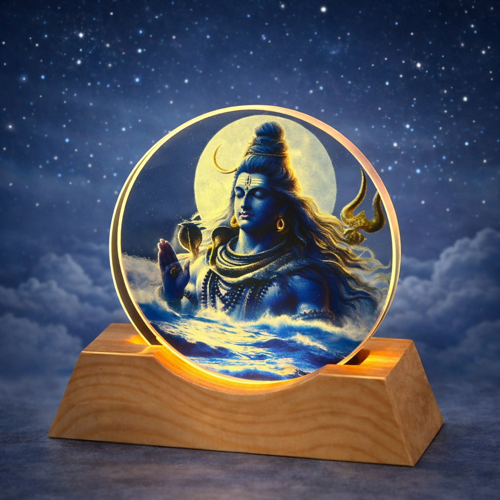 Lord Shiva Acrylic LED Night Lamp with Wooden Base | Devotional Light