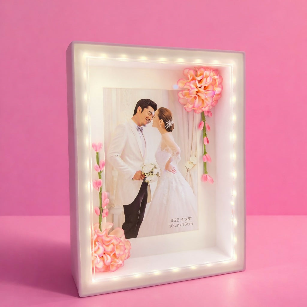 LED Photo Frame with Decorative Flower Design Tabletop Gift Frame ( Design may vary a little)