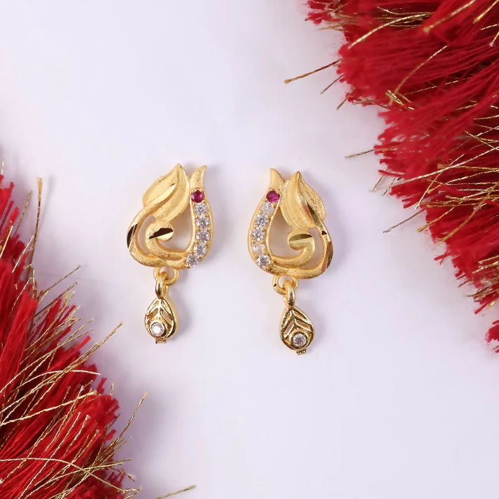 Traditional Curved Leaf Style Gold Stud Earrings With Crystal Detailing And Drop Charm