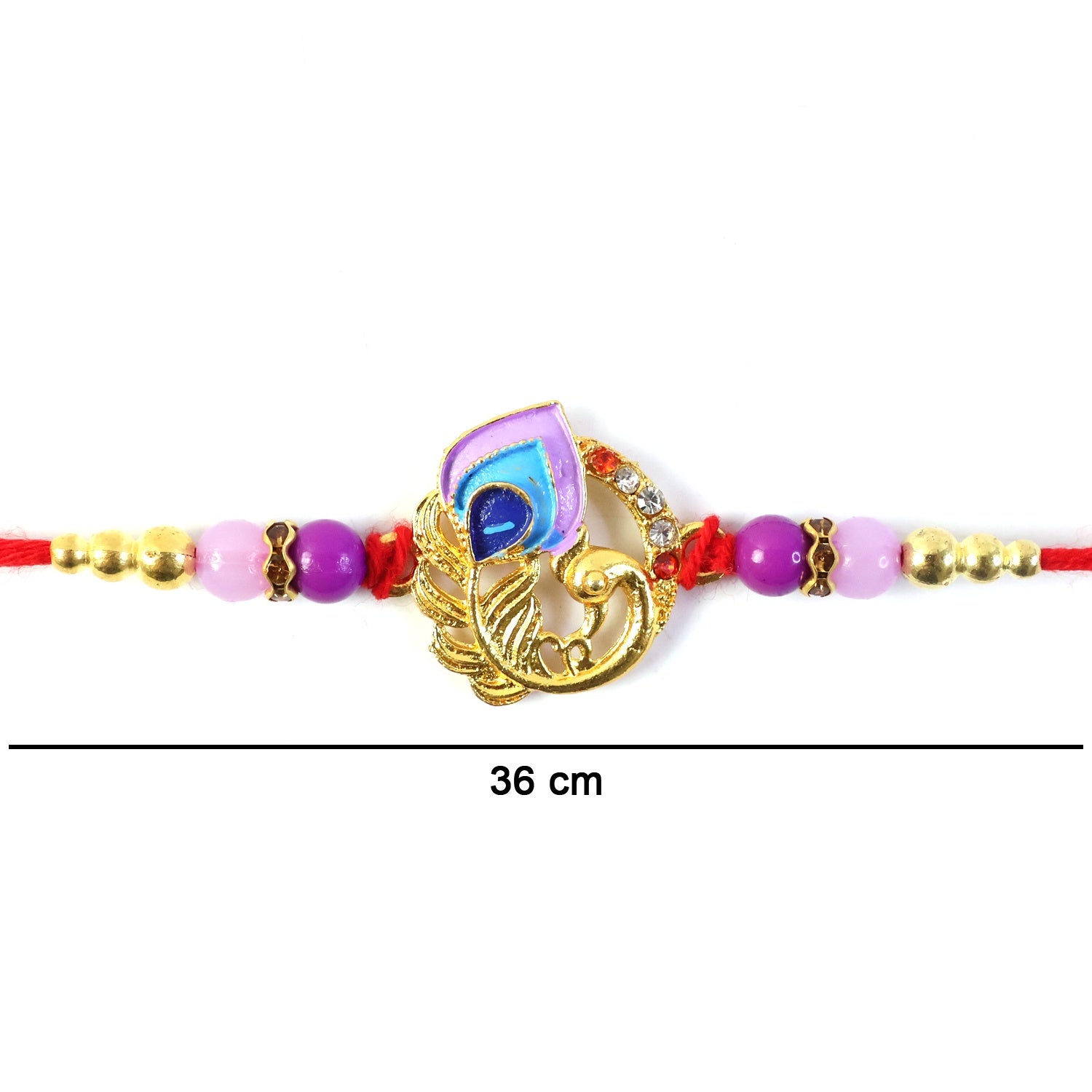 Designer Rakhi featuring curved peacock design in purple and blue