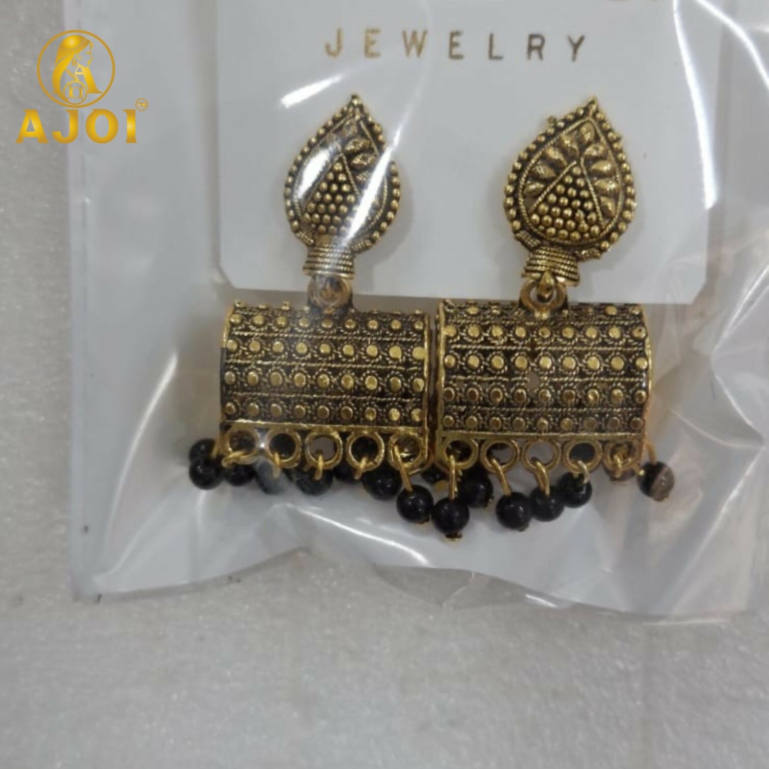 Antique Gold-Plated Leaf Design Jhumka Earrings with Black Bead Drops