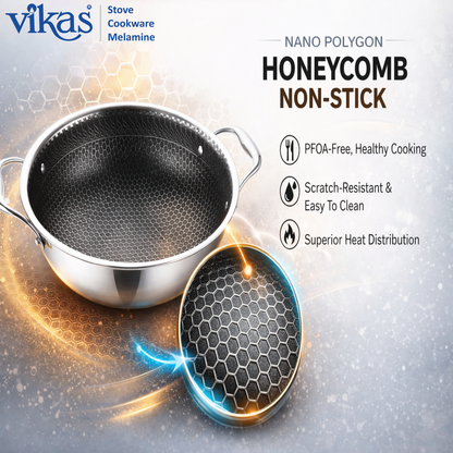 Close-up of Vikas Honeycomb Triply Kadai non-stick honeycomb pattern