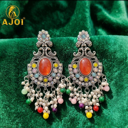 Oxidized Silver Multicolor Stone Chandbali Earrings with Pearl Bead Drops