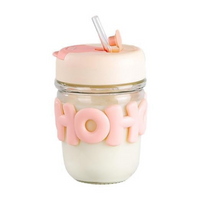 HOHO Cute Glass Milk Jar with Straw & Silicone Lid | 350ml Leakproof Reusable Smoothie Cup | Aesthetic Mason Jar Tumbler for Kids & Adults | Iced Coffee, Juice & Milkshake Cup | 12cm x 7cm | Pastel Pink