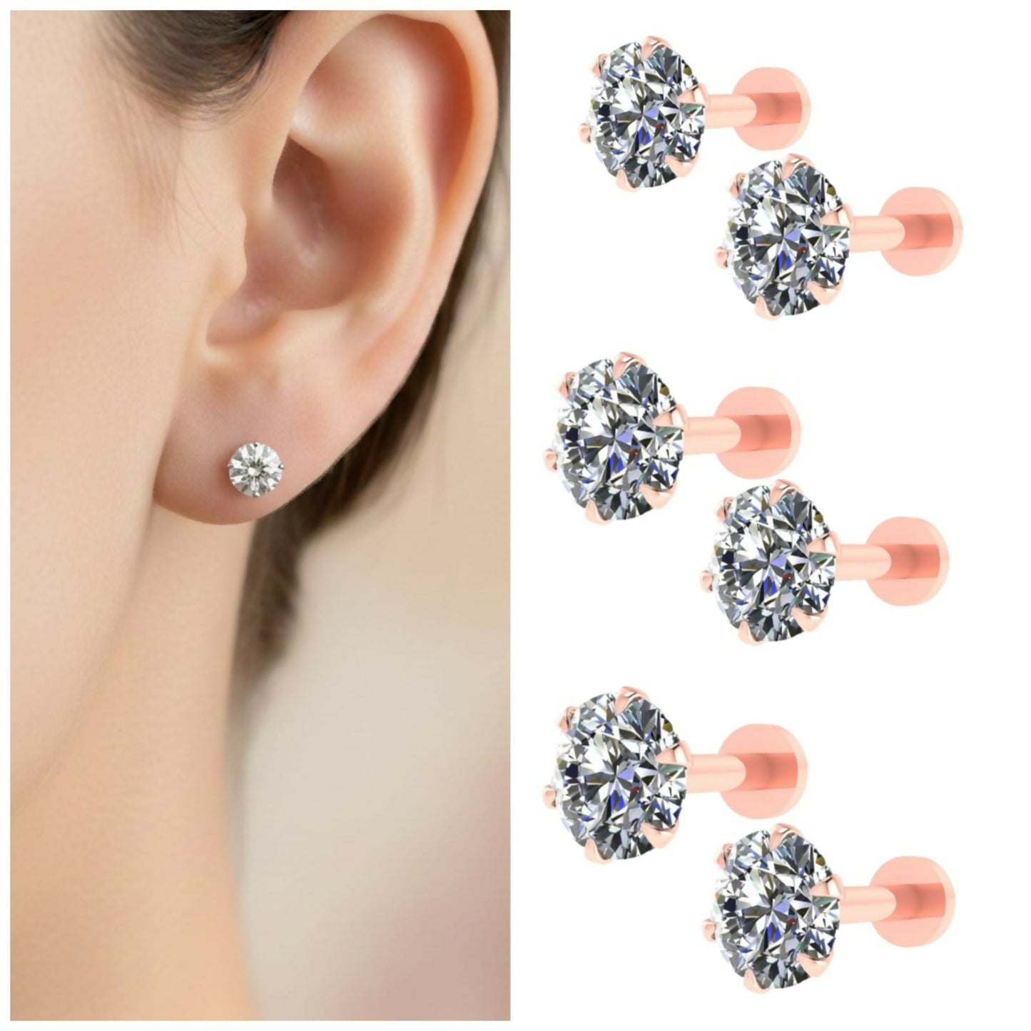 Rose gold Plated Round AD Flat Back Stud Earrings Set of 3 Pairs