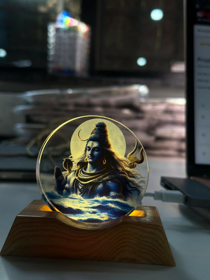 Lord Shiva Acrylic LED Night Lamp with Wooden Base | Devotional Light