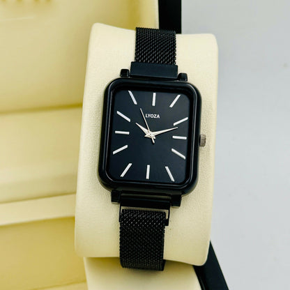 Black Square Analog Watch with Mesh Strap