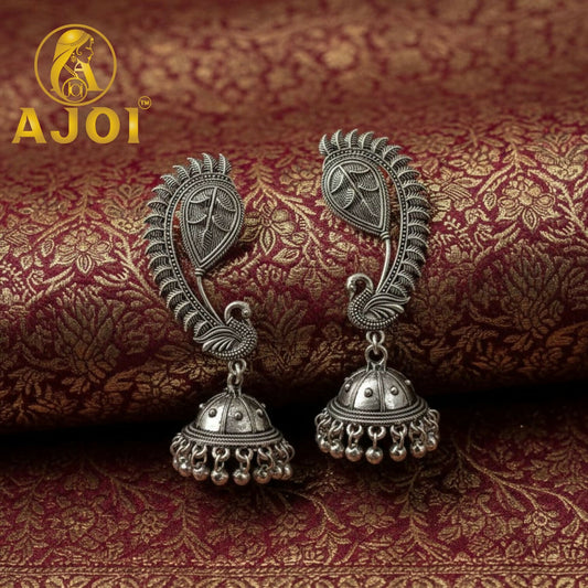 Regal Peacock Jhumka Silver Earrings