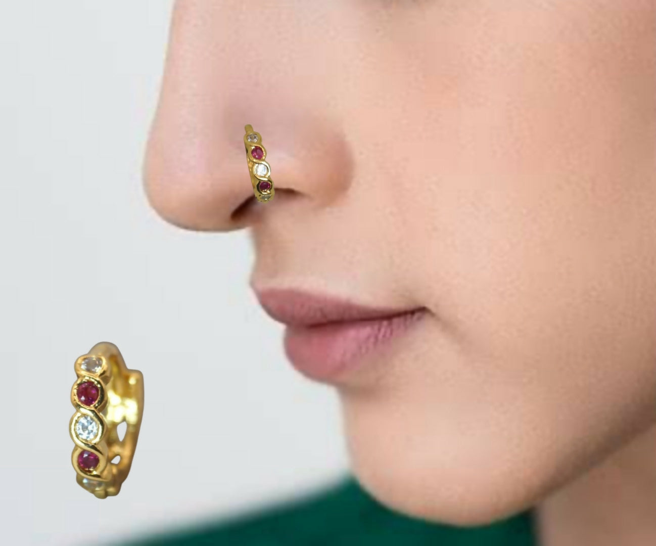Gold Plated Ruby & AD Stones Nosepin Ring Hoop for women and girls