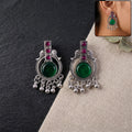 Antique Silver Earrings – Elegant Festive Accessory with Green & Pink Stones
