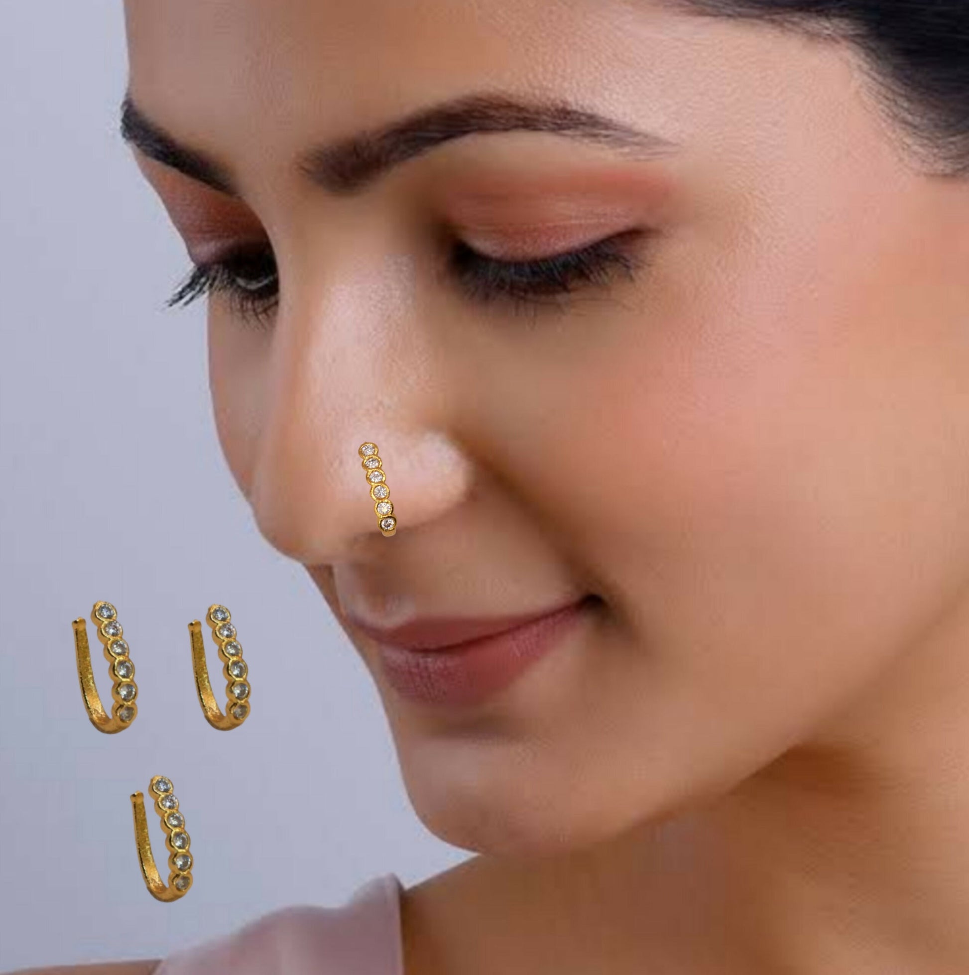Wavy Diamond Clip-On Nose Ring | Gold Plated AD Non-Pierced Combo Pack of 3
