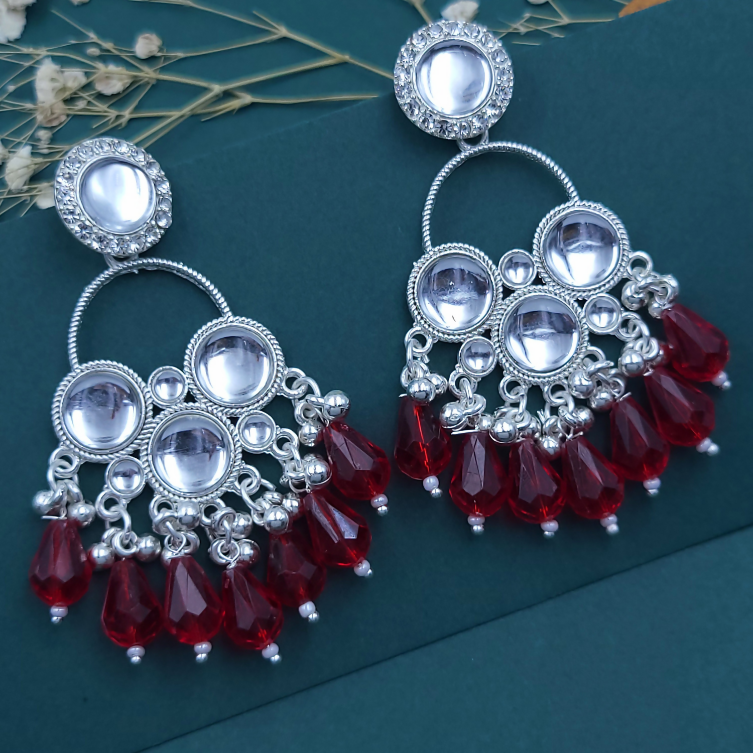 Kundan Red Pearl Silver Plated Chandbali Earrings Agate Alloy Chandbali Earring