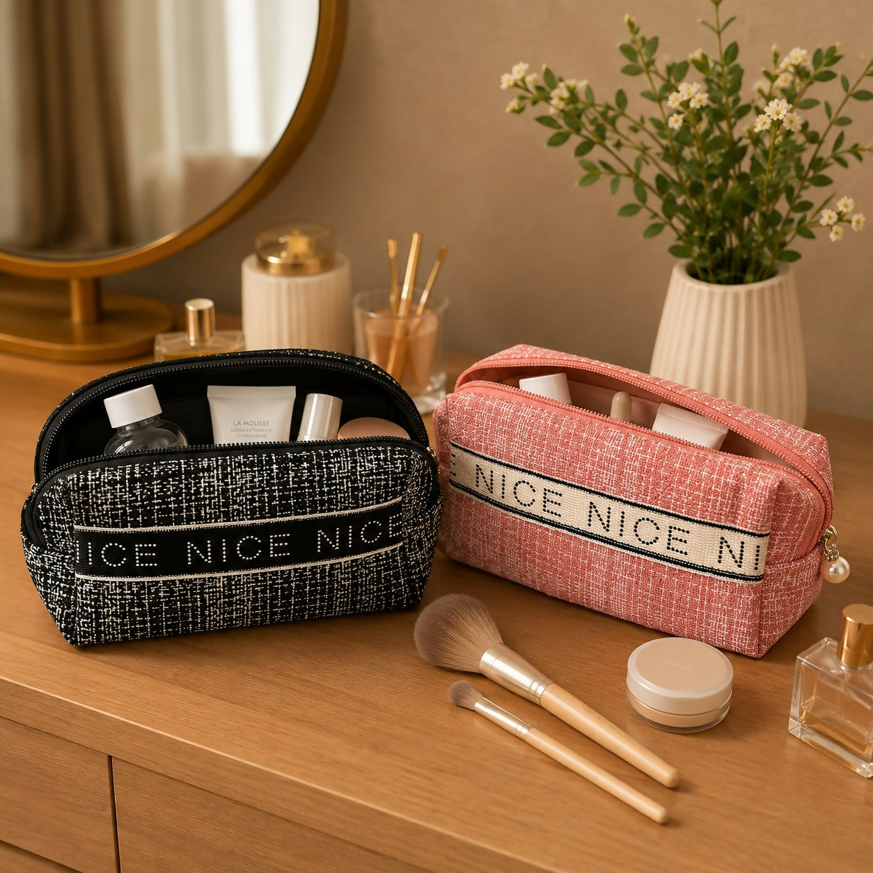 Travel toiletry bag open showing compartments