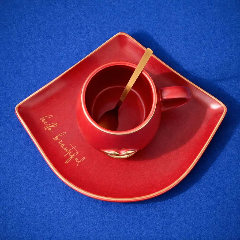 Red Ceramic Coffee Mug with Tray & Spoon Lip Design Cup Set