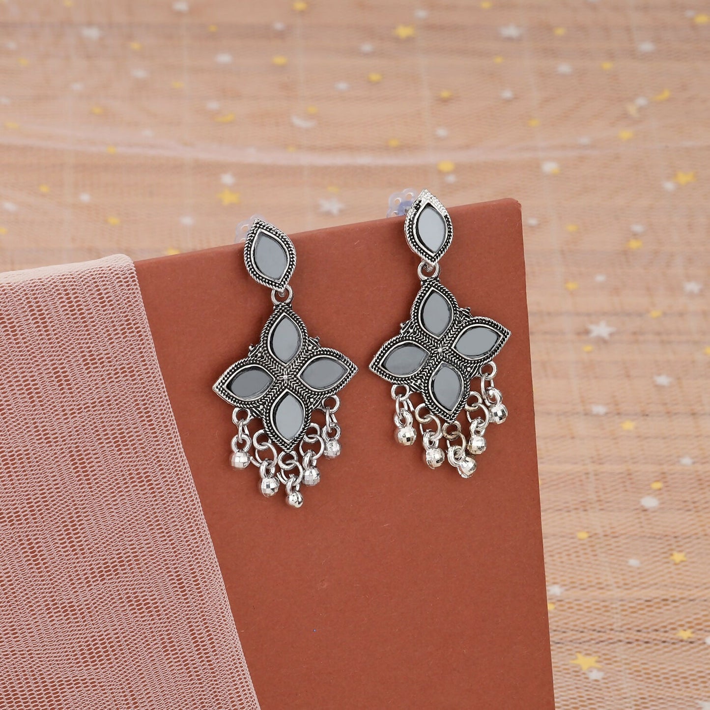 Elegant Oxidised Silver Mirror Jhumka Earings