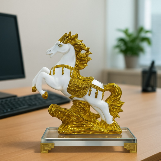 Luxury Golden White Horse Figurine for Home Decor Showpiece | Elegant Reared Horse Statue on Glass Base for Living Room, Office Table, Gift, Feng Shui & Vastu Decorative Accent | Ceramic Gold Finish Ornament