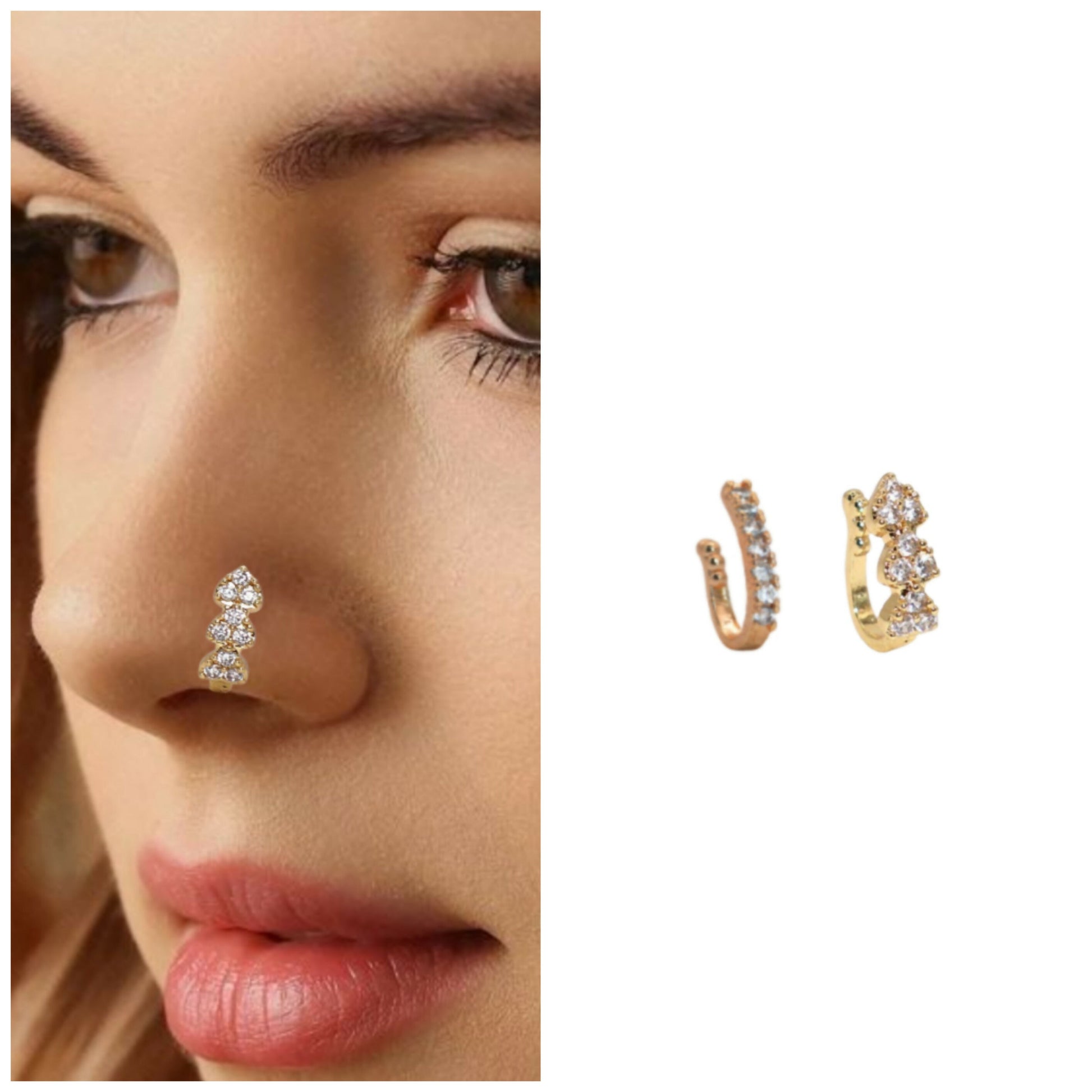 No Piercing CZ Nath Clip-On Nose Ring Set (Gold & Silver) Combo Pack of 2