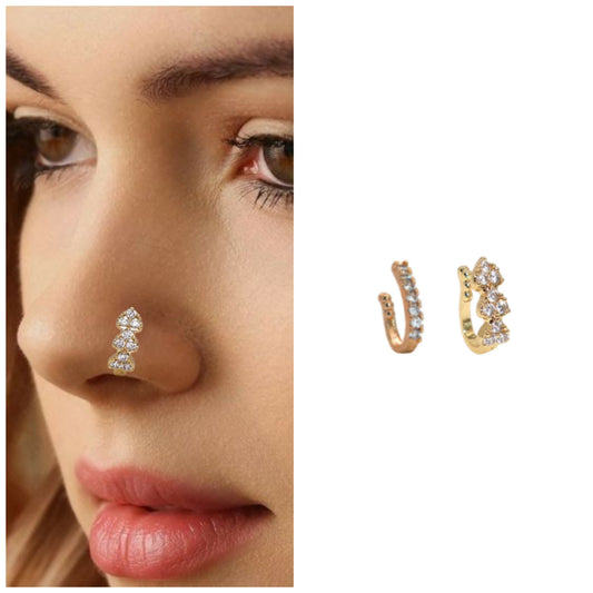No Piercing CZ Nath Clip-On Nose Ring Set (Gold & Silver) Combo Pack of 2