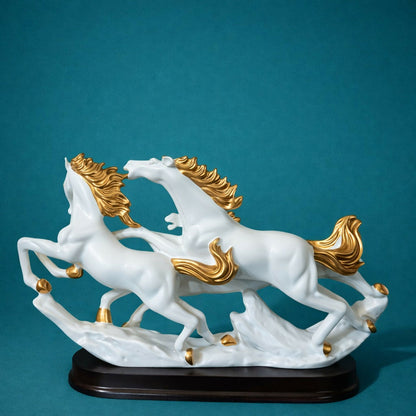 Three Running Horses Showpiece for Home Decor | White & Gold Finish