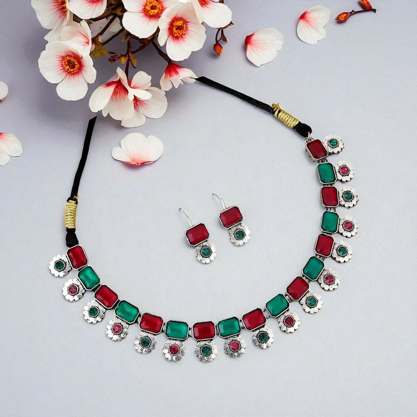 Dual-Tone Oxidized Choker Set with Pink and Green Stones